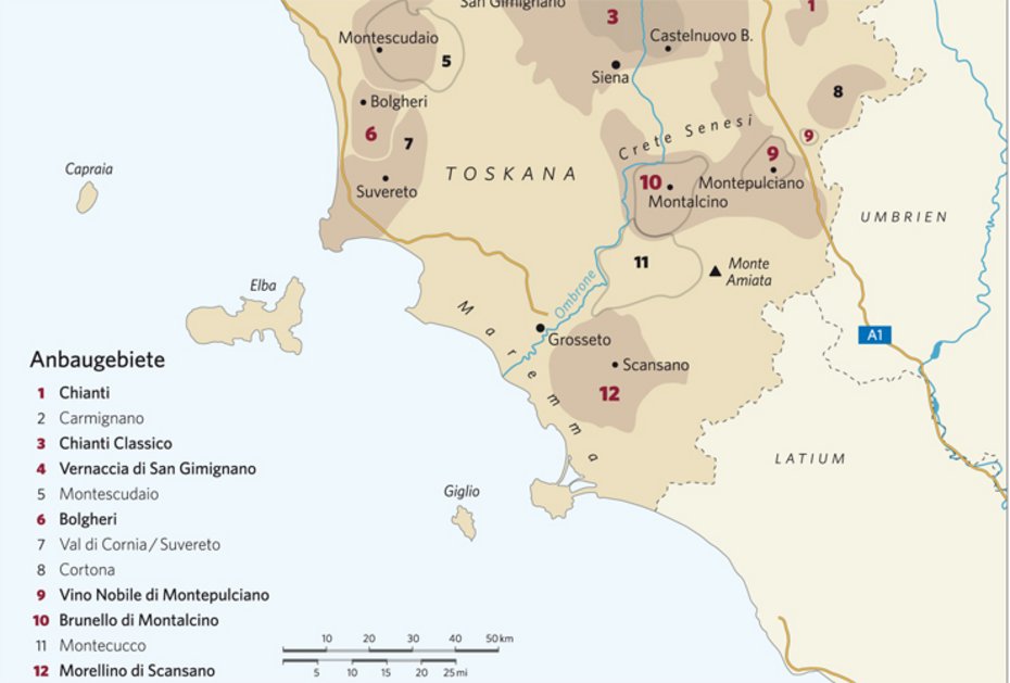 Ka-Toska-B-B-N-M Toskana, Wein, Italien, Karte, Wein, Chianti, Chianti Classico, Vino Nobile, Bolgheri, Morellino, Brunello, Vernaccia, Rotwein, Weißwein, Sangiovese, Montalcino, San Gimignano, Montepulciano